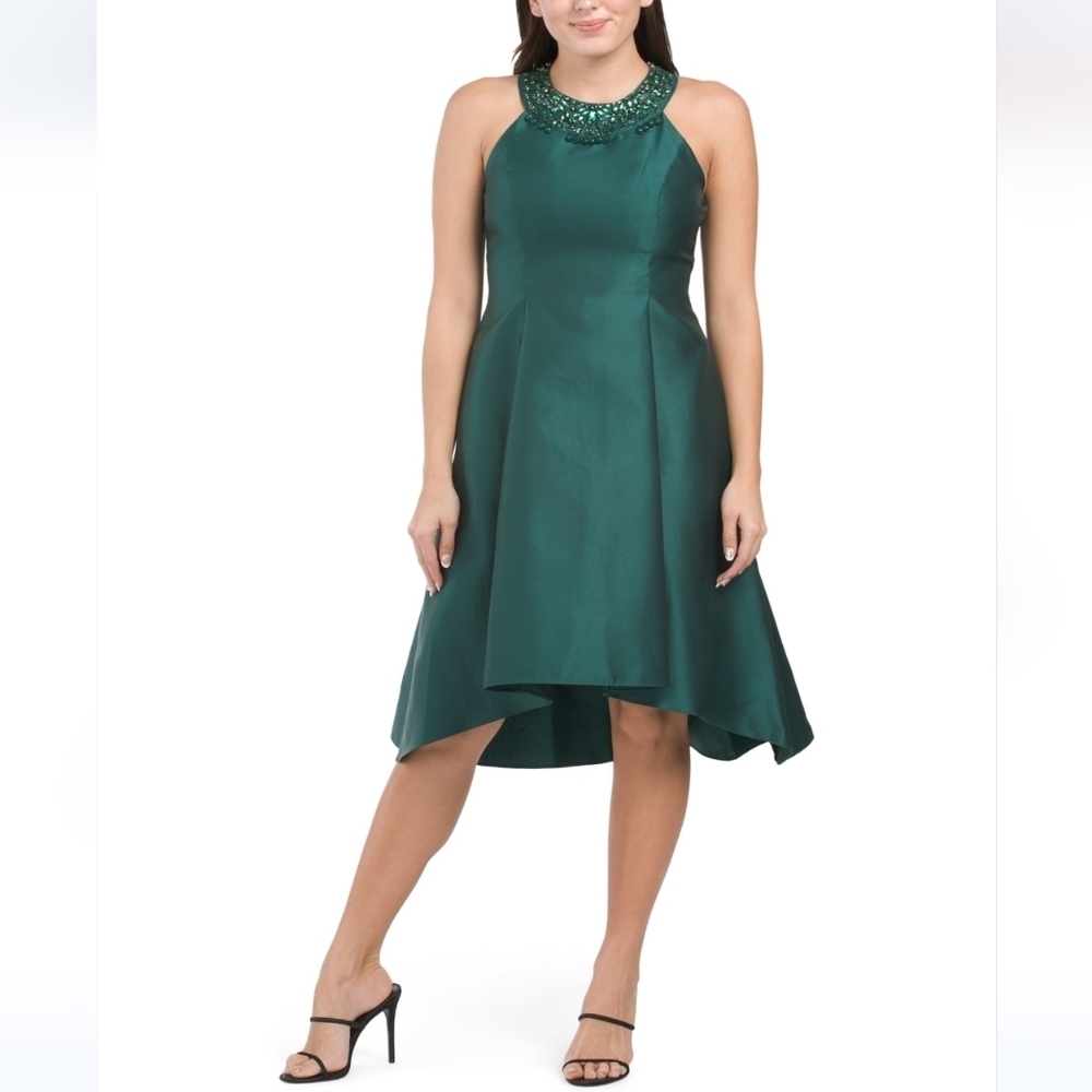 Adrianna Papell Women's Green High Low Beaded Halter Neck Sateen Cocktail Dress